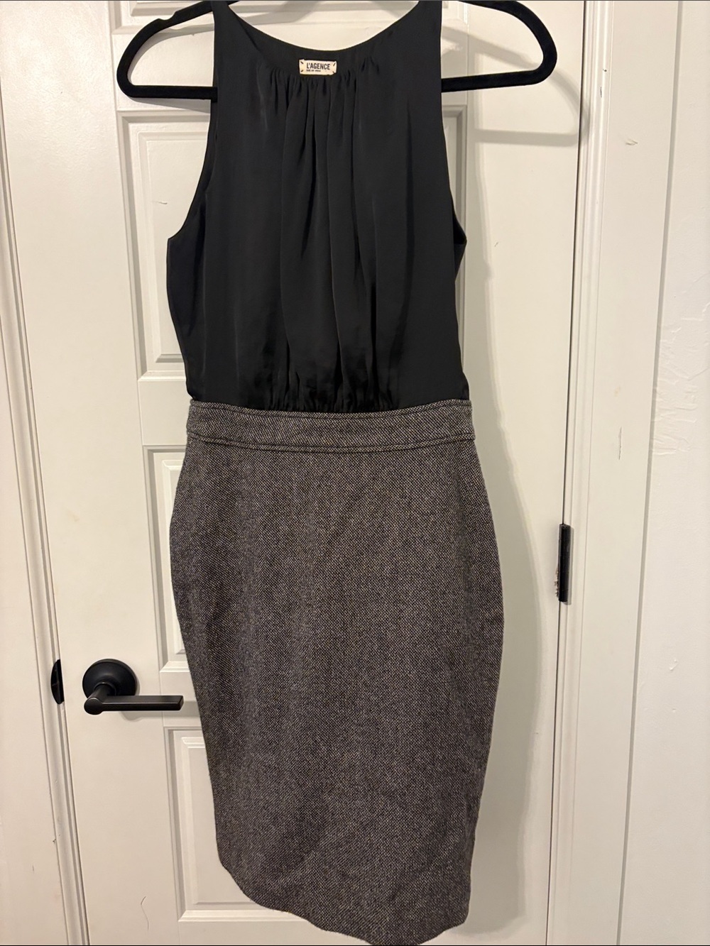 L'AGENCE Black Top with Gray Tweed Pencil Skirt